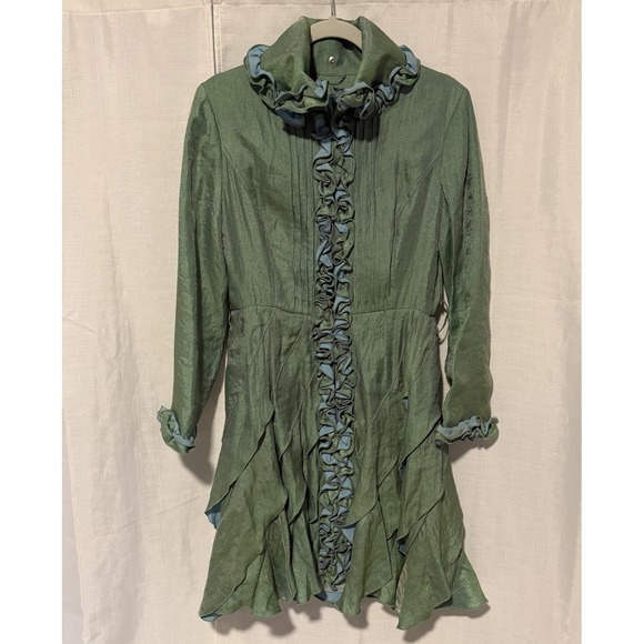 Samuel Dong Jackets & Blazers - Samuel Dong Green Lagenlook Jacket Coat Dress Ruffle Trim Taffeta Avant Garde Sm